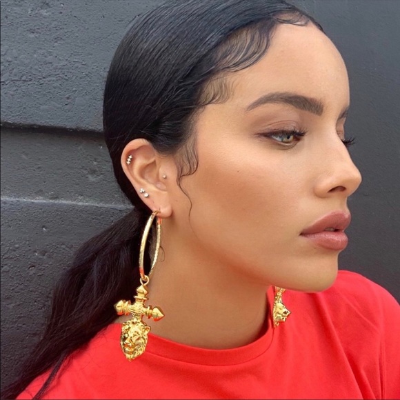 24k Gold Lion Cross Hoop Earrings - Picture 1 of 9